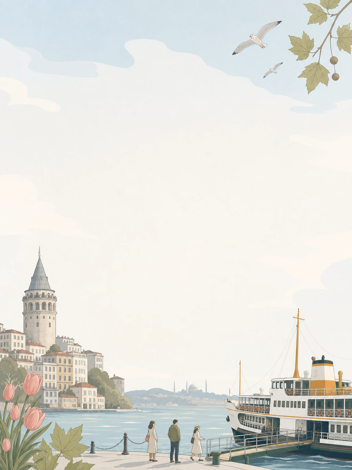 Galata Kulesi ve Boğaz vapuru detaylı yazısız İstanbul davetiye arka planı