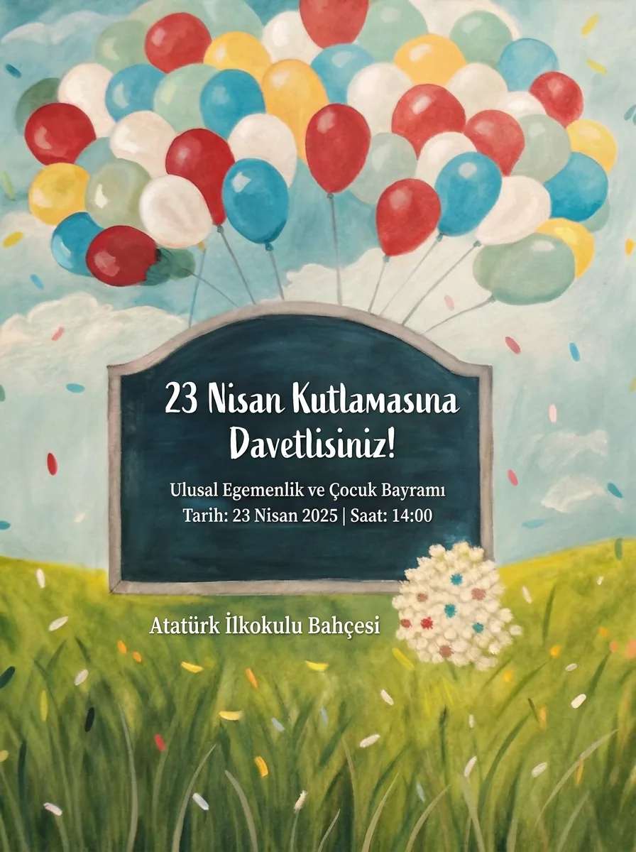 23 Nisan balon ve konfeti temalı davetiye örneği
