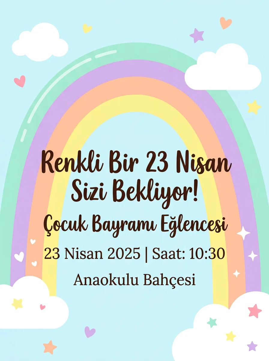 23 Nisan gökkuşağı pastel temalı davetiye örneği