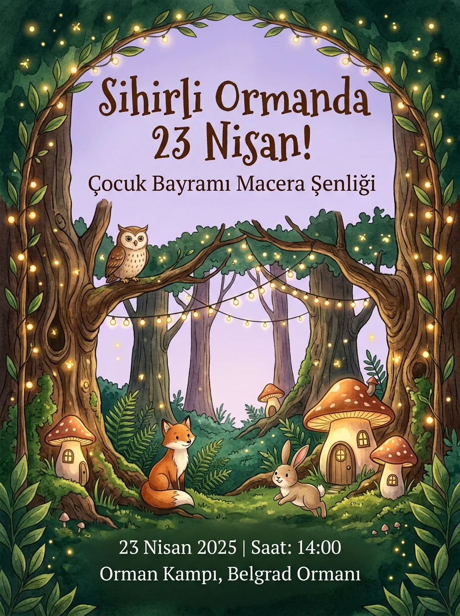 23 Nisan peri masalı orman temalı davetiye örneği