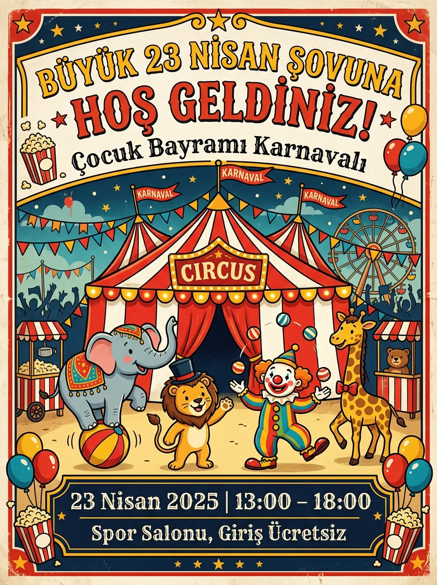 23 Nisan sirk ve karnaval temalı davetiye örneği