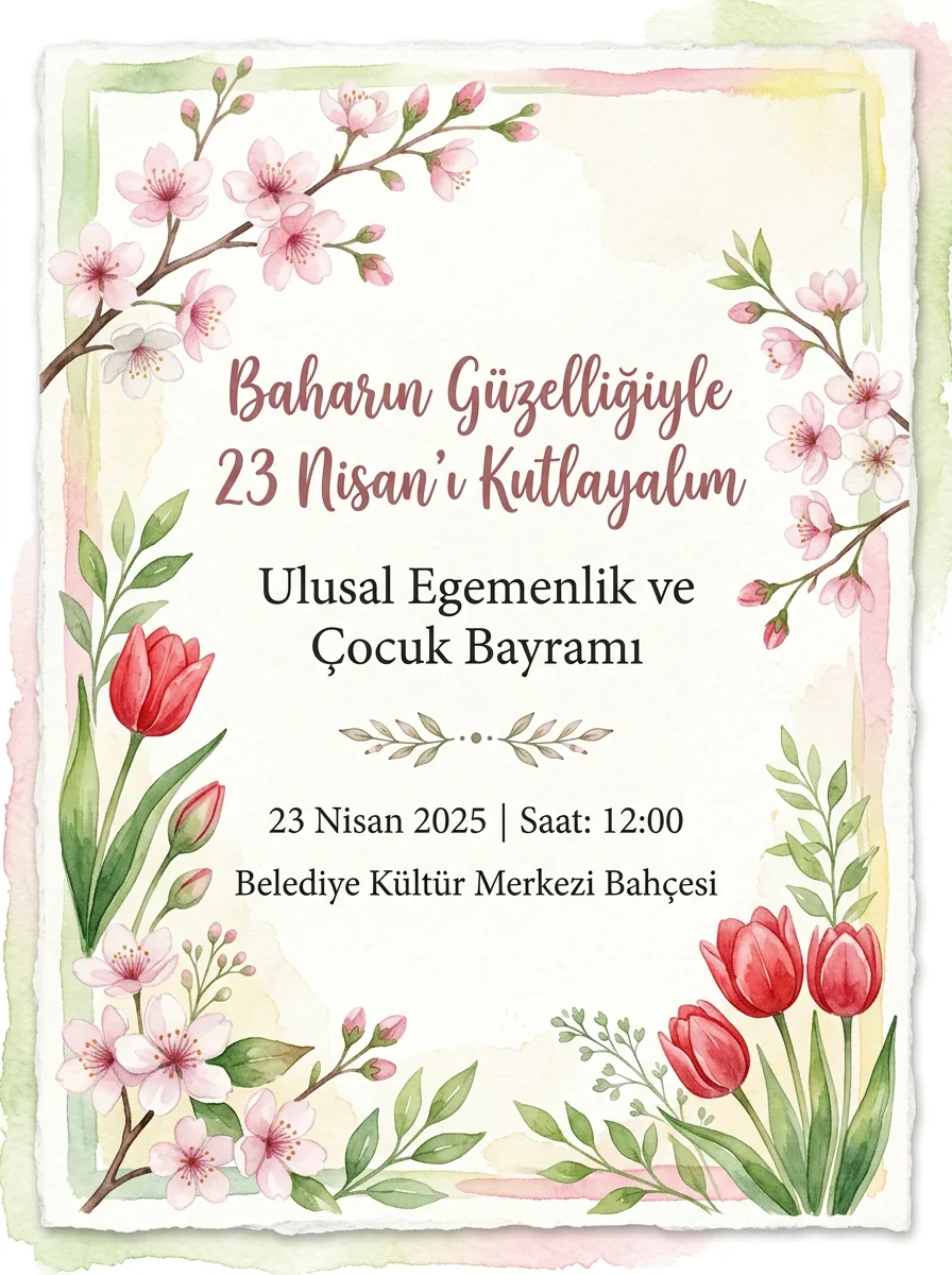 23 Nisan suluboya bahar temalı davetiye örneği