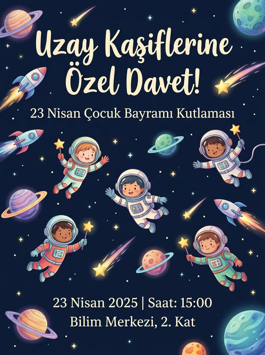 23 Nisan uzay ve astronot temalı davetiye örneği