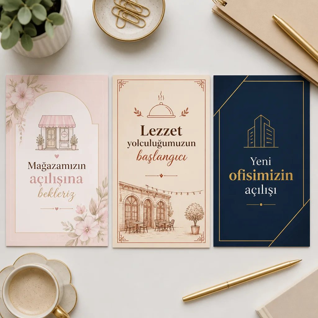 Üç stilde açılış davetiyesi, butik mağaza, restoran ve kurumsal ofis için tasarımlar.