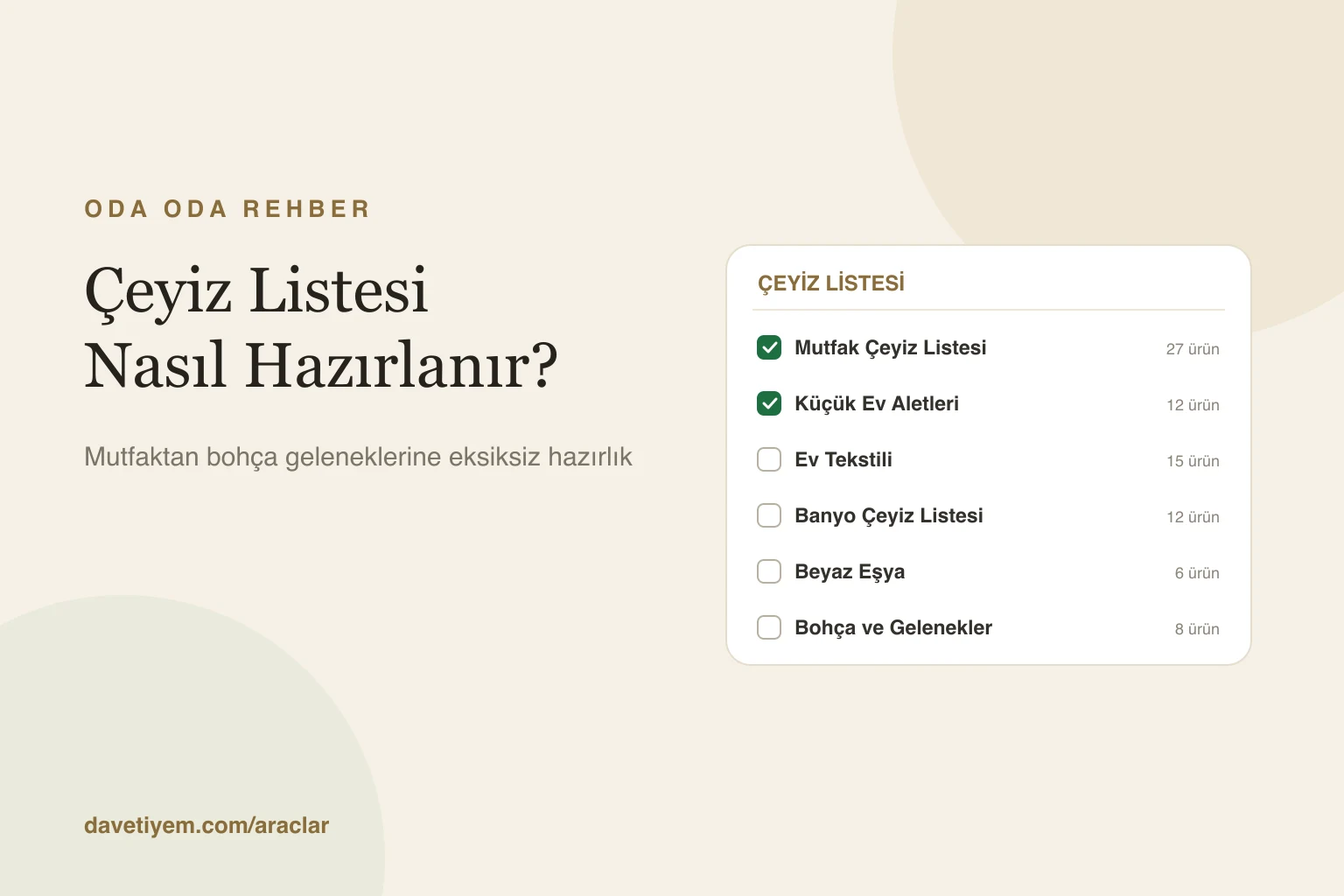 Çeyiz listesi arayüzü: mutfak, ev tekstili ve banyo kategorileriyle işaretlenebilir liste.