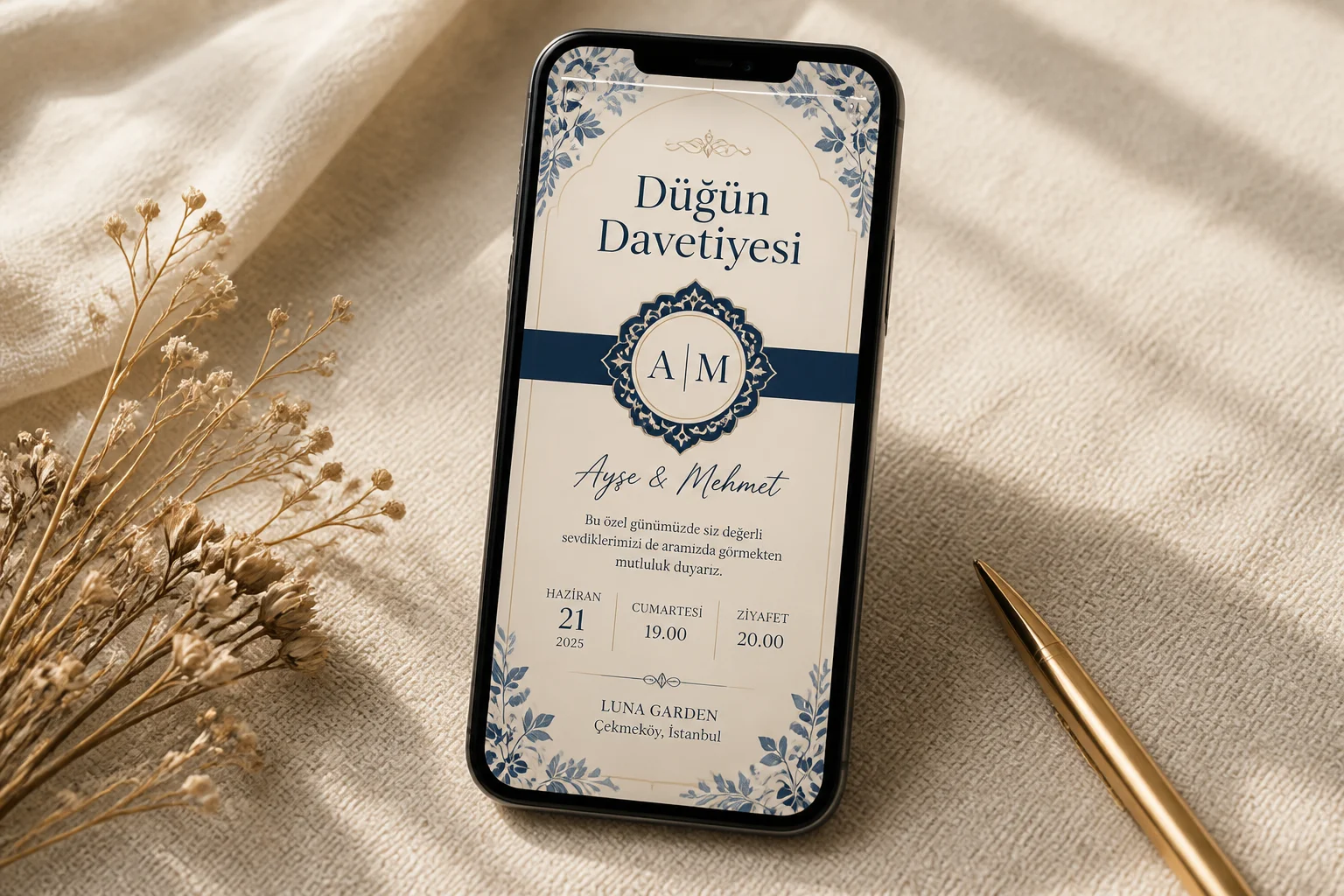 Telefon ekranında Instagram hikayesinde paylaşılan düğün davetiyesi ve yanında kuru çiçekler.