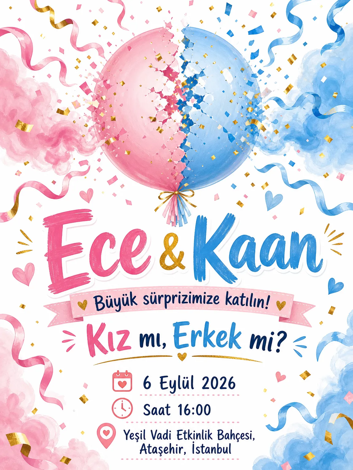 Dev balon ve pembe mavi duman patlamalı heyecanlı cinsiyet partisi davetiyesi