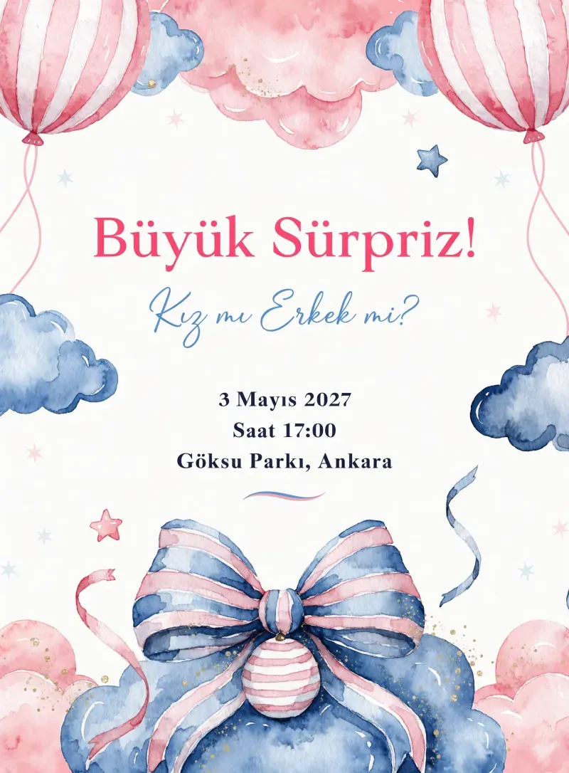 Pastel pembe ve mavi tonlarında cinsiyet partisi davetiyesi