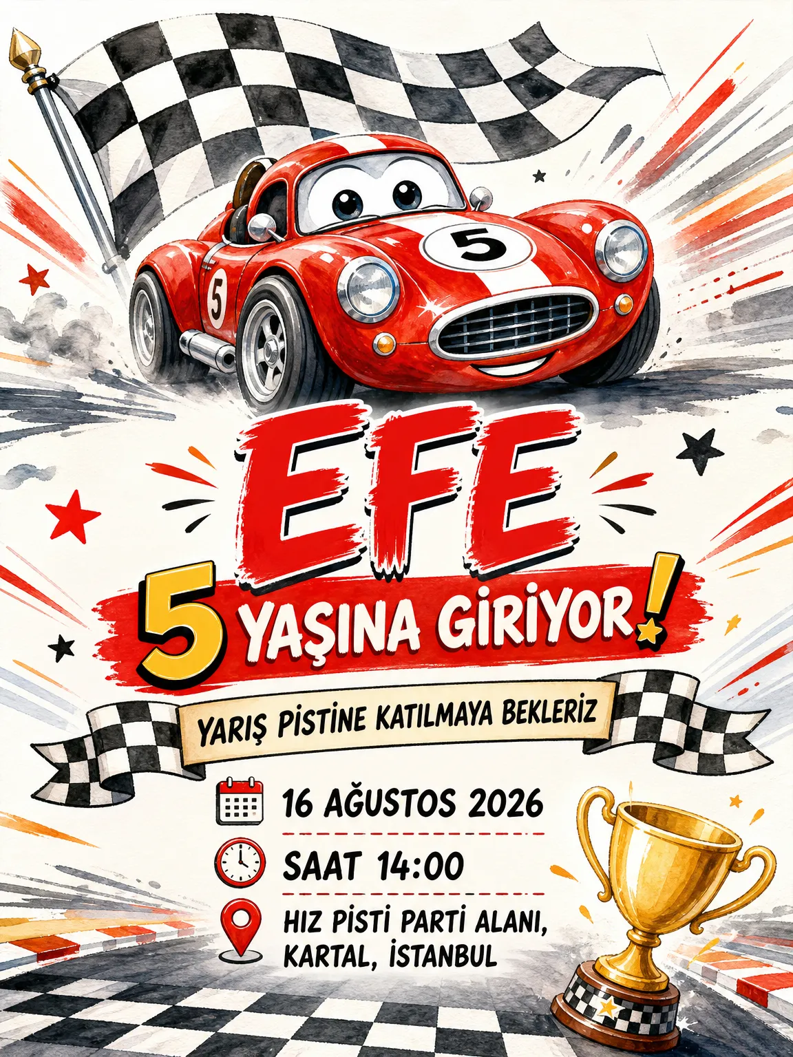 Yarış arabası ve damalı bayrak motifli erkek çocuk doğum günü davetiyesi