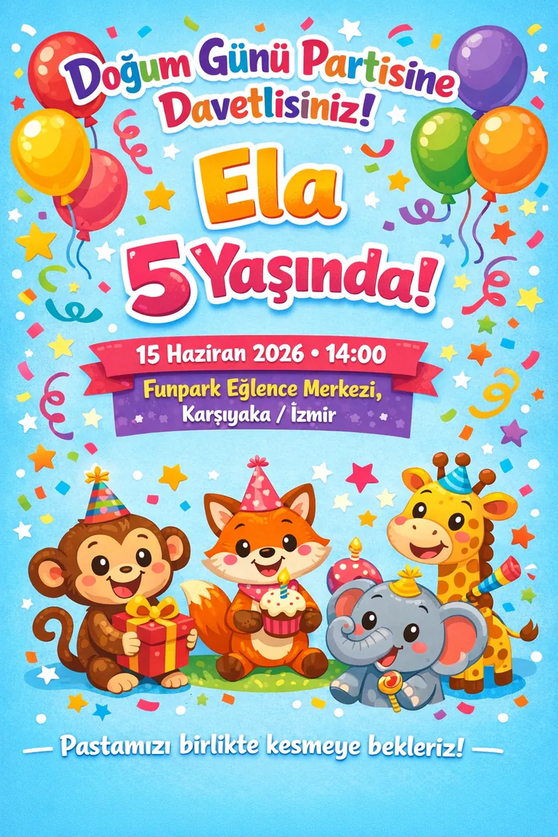 Renkli balonlarla süslenmiş çocuk doğum günü davetiyesi