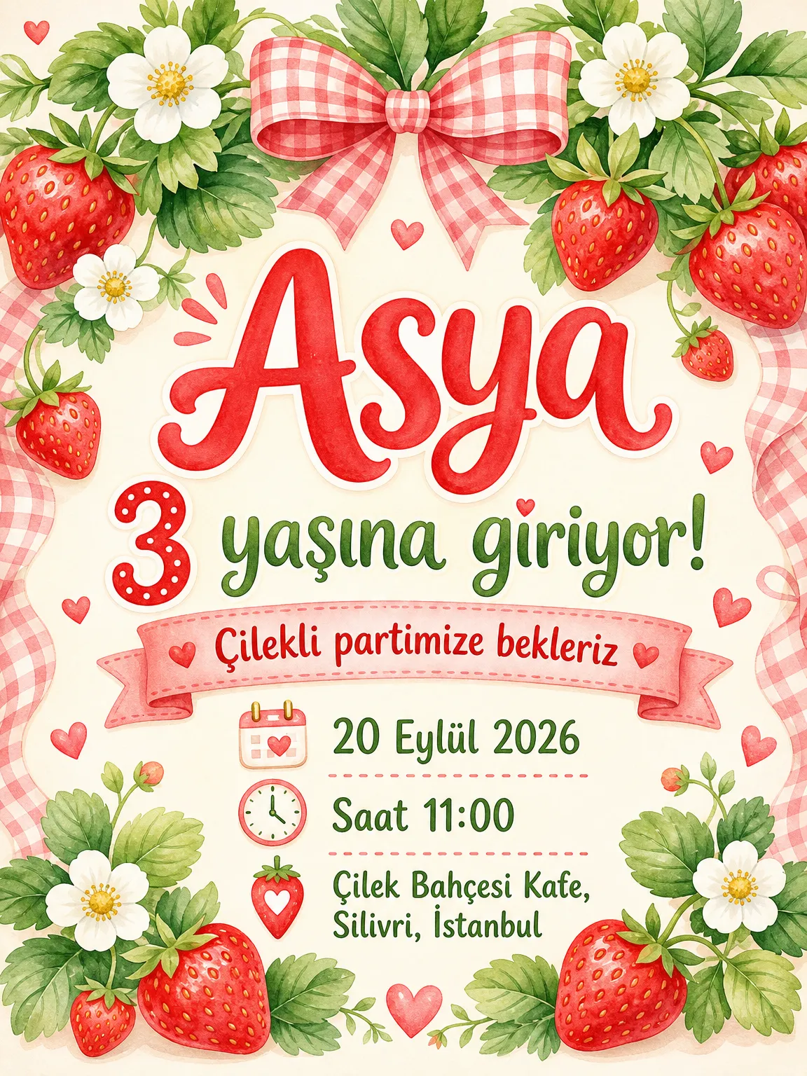 Suluboya çilek motifli tatlı ve şirin kız çocuk doğum günü davetiyesi