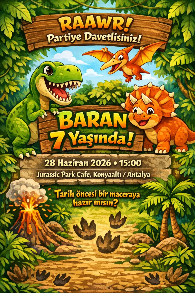Dinozor temalı erkek çocuk doğum günü davetiyesi