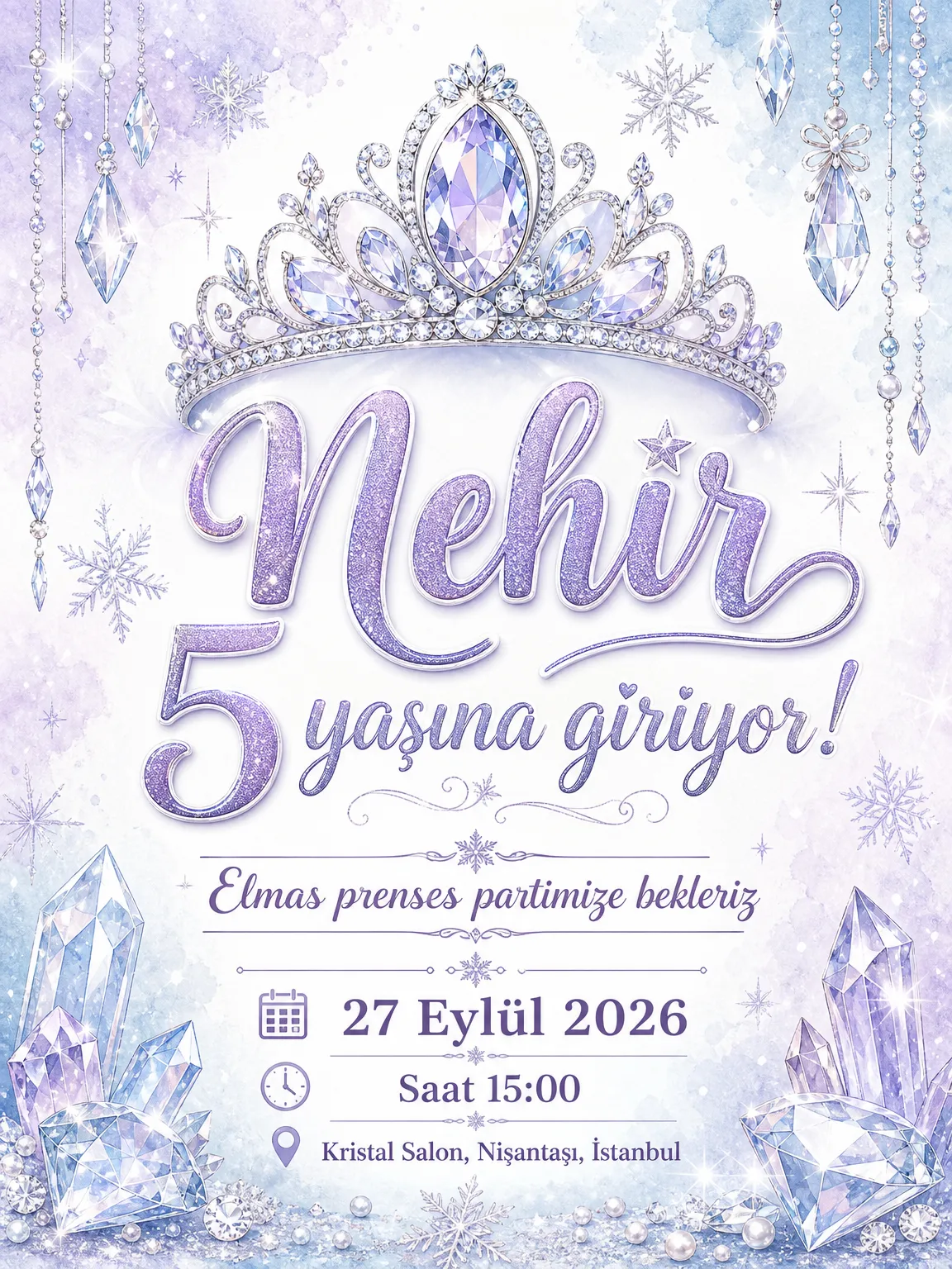 Işıltılı taç ve elmas detaylı buz prensesi temalı kız çocuk doğum günü davetiyesi