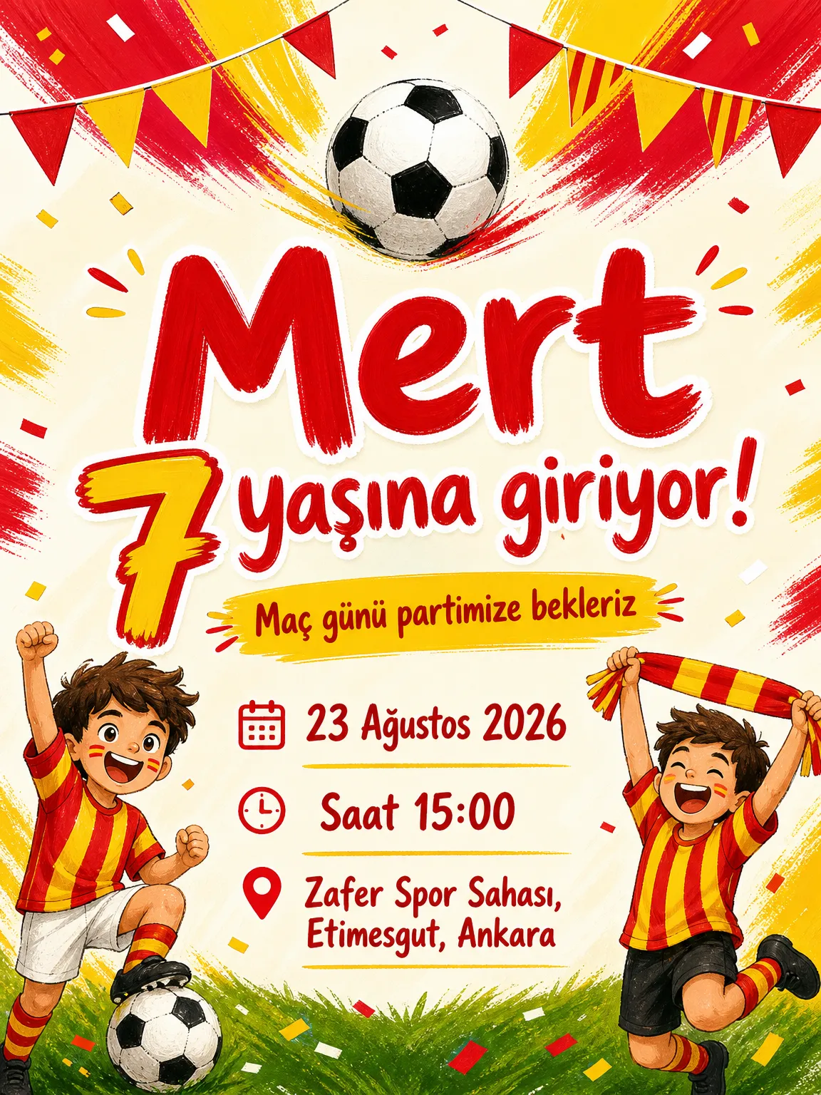 Sarı ve kırmızı forma çizgili futbolsever çocuk doğum günü davetiyesi