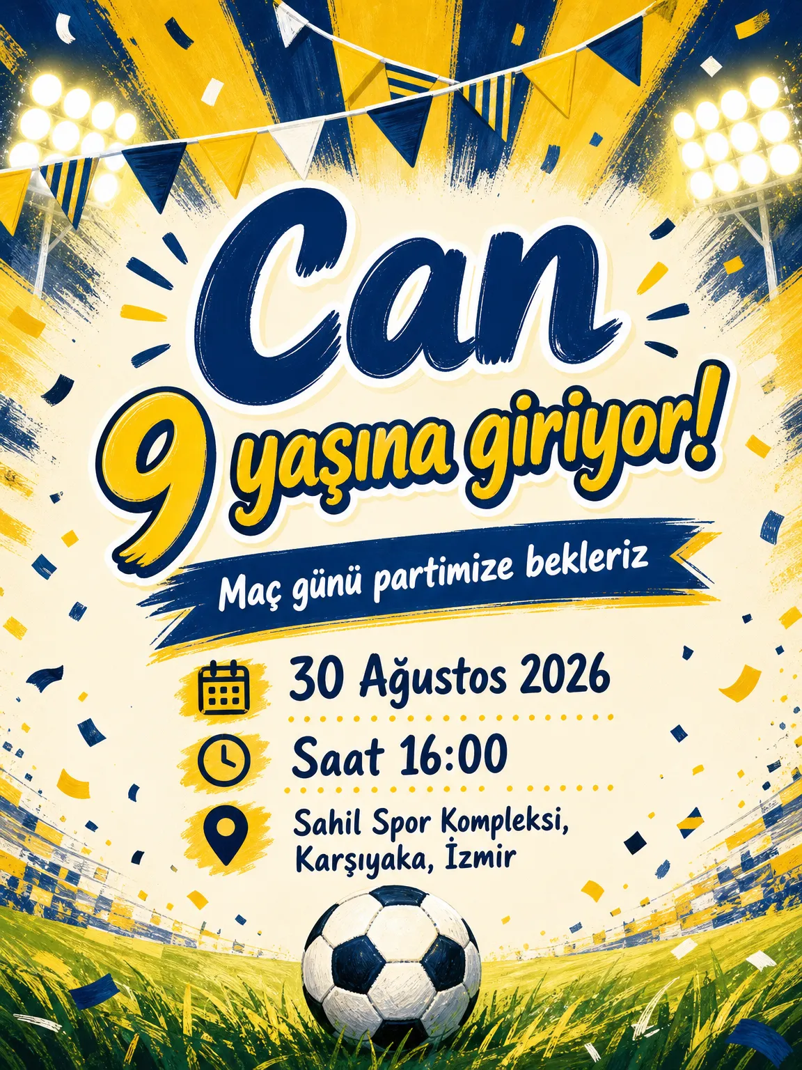 Sarı ve lacivert forma çizgili futbolsever çocuk doğum günü davetiyesi