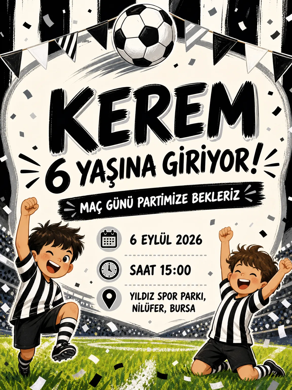 Siyah ve beyaz forma çizgili futbolsever çocuk doğum günü davetiyesi