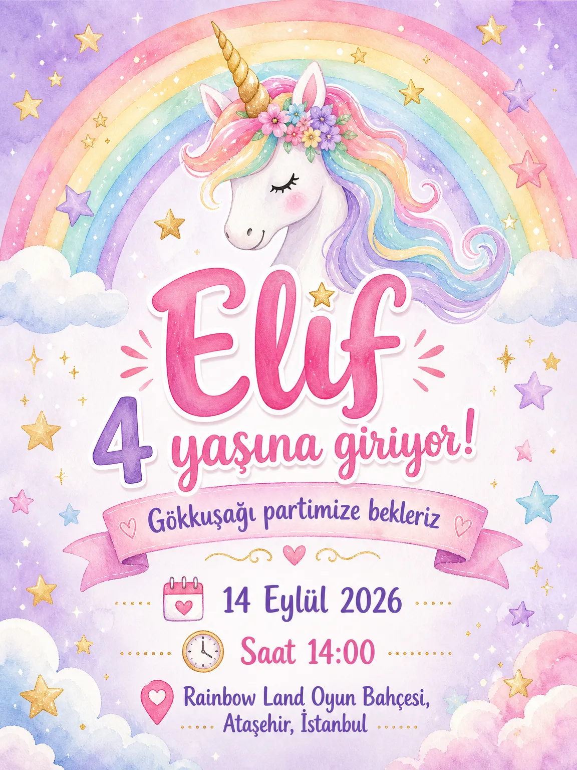 Pastel gökkuşağı ve unicorn motifli masalsı kız çocuk doğum günü davetiyesi