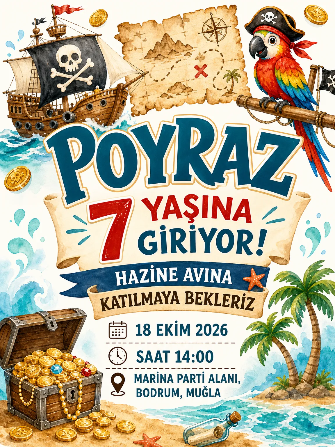 Korsan gemisi ve hazine sandığı motifli maceralı erkek çocuk doğum günü davetiyesi