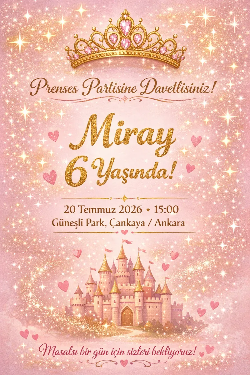 Pembe prenses temalı doğum günü davetiyesi