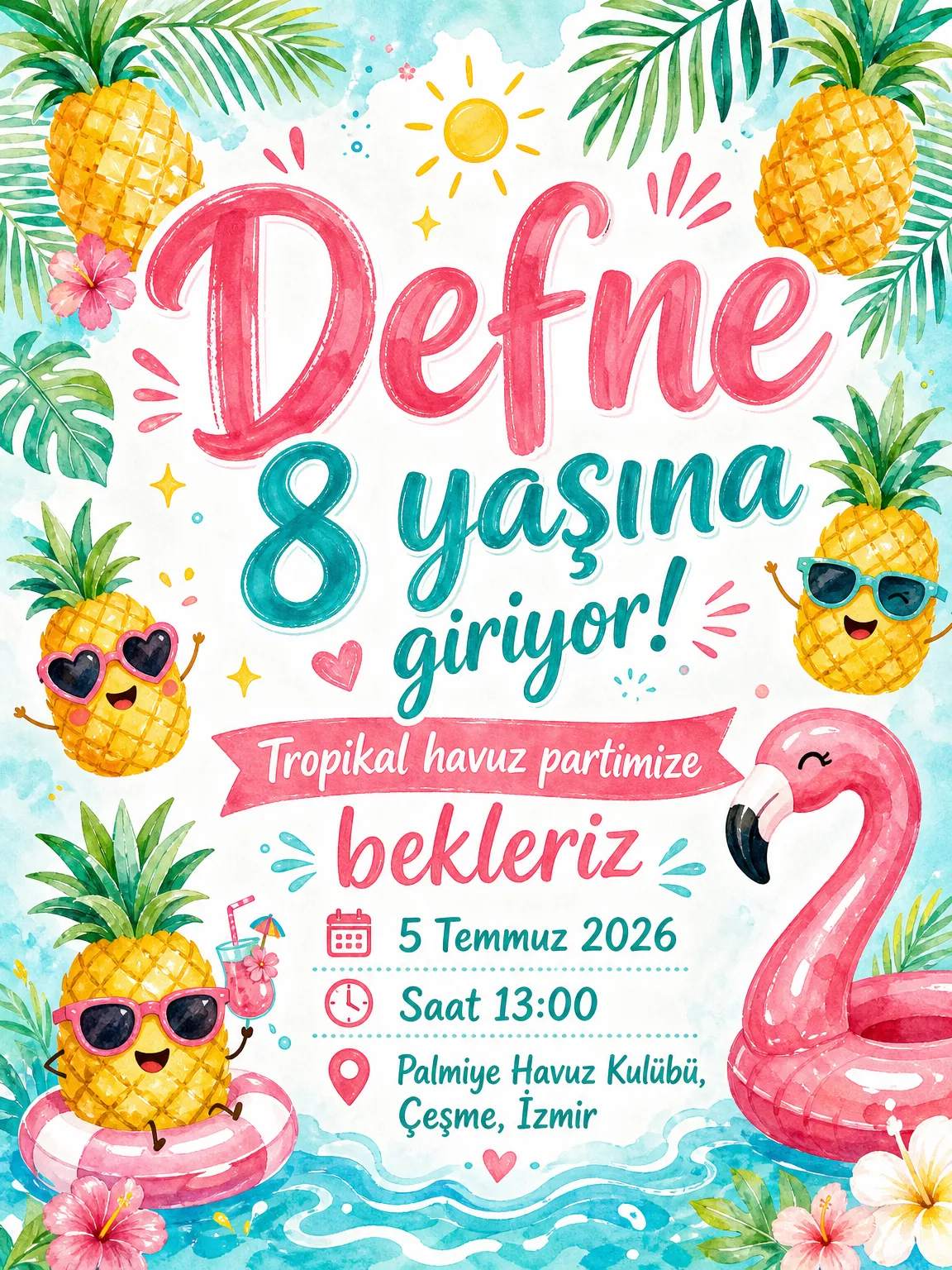 Ananas ve flamingo motifli canlı renkli tropikal havuz partisi doğum günü davetiyesi