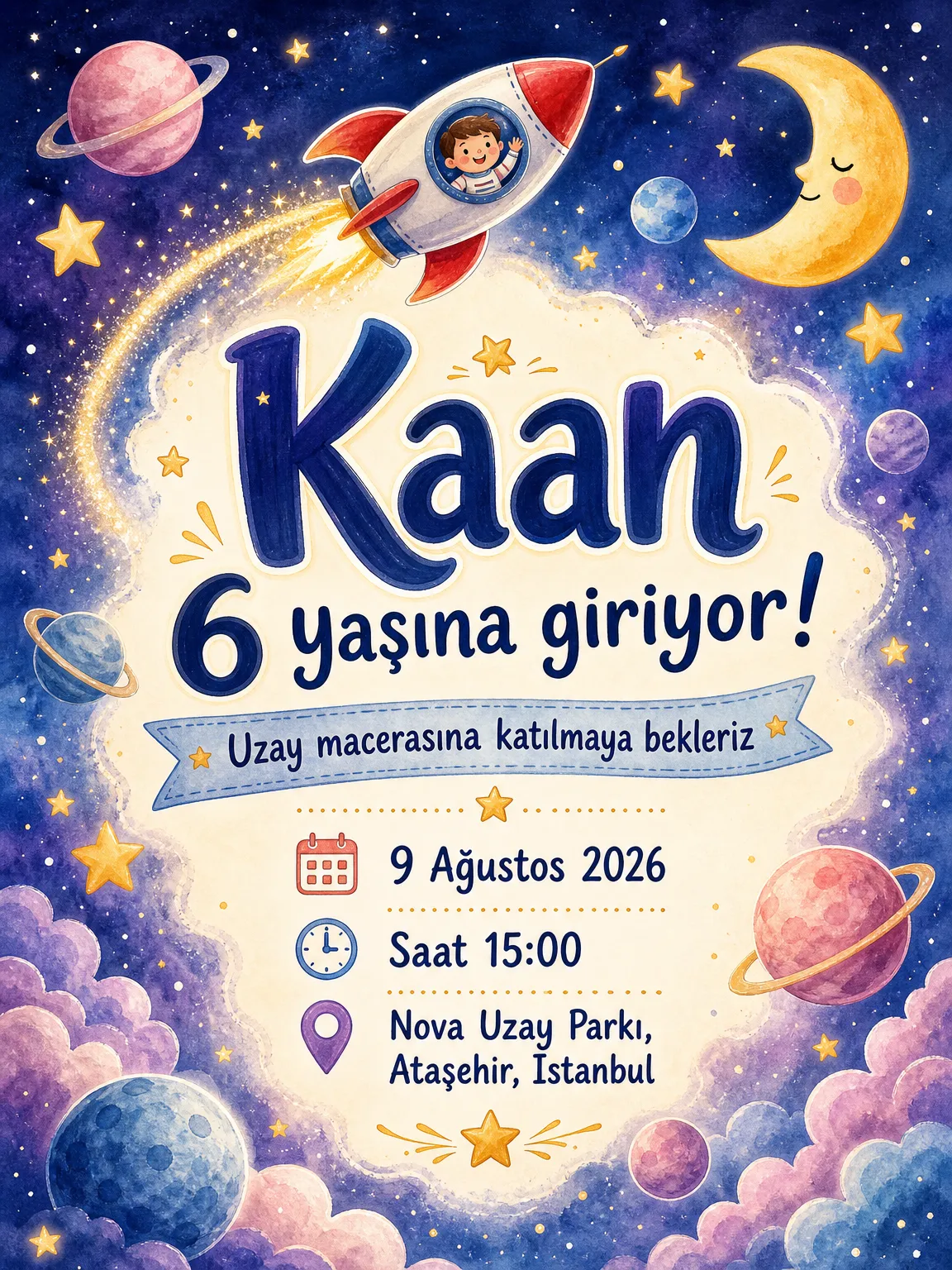 Gece gökyüzü ve roket motifli uzay temalı çocuk doğum günü davetiyesi