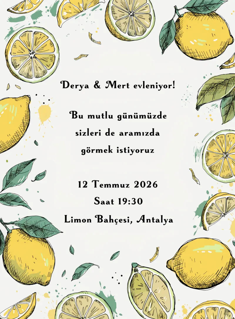 Limon illüstrasyonlarıyla süslenmiş Akdeniz temalı düğün davetiyesi