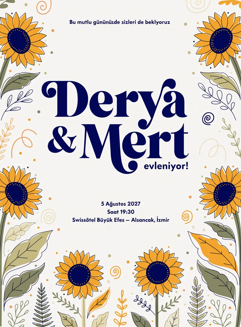 Ayçiçeği ve sıcak sarı tonlarında neşeli yaz düğün davetiyesi