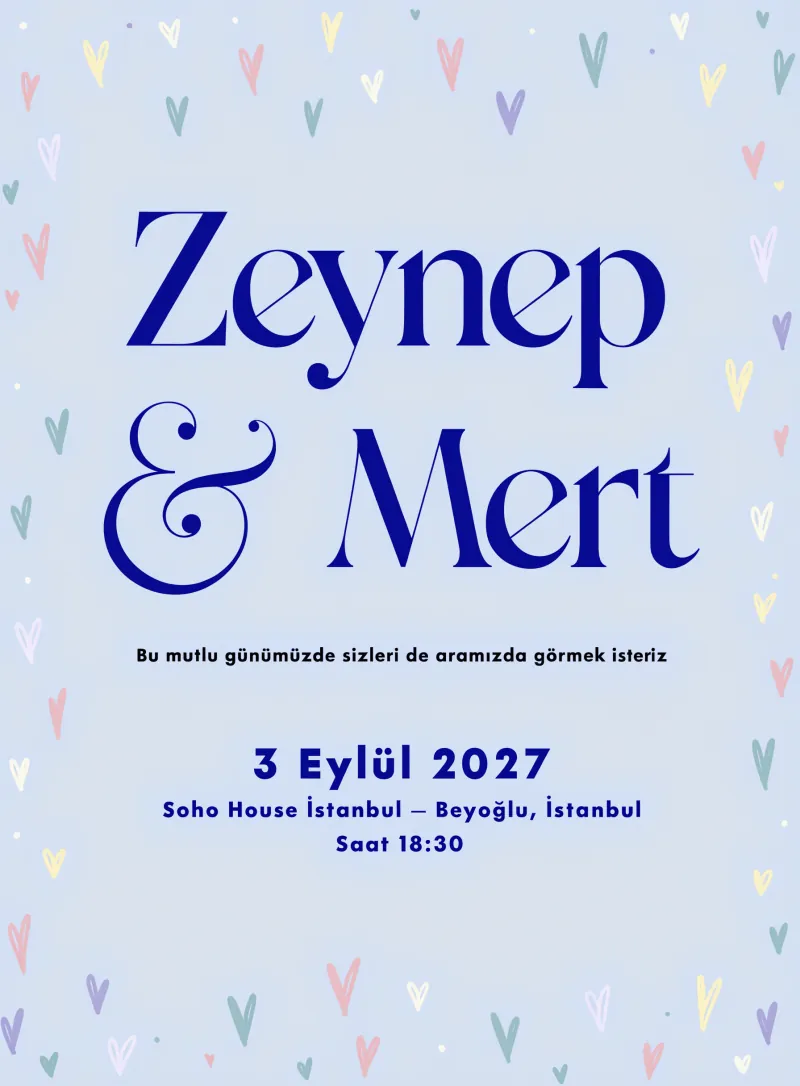 Bebe mavi arka planlı minik kalp ikonlu minimal düğün davetiyesi