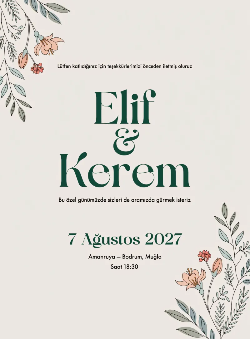 Bej arka planlı minimal botanik aksanlı modern düğün davetiyesi