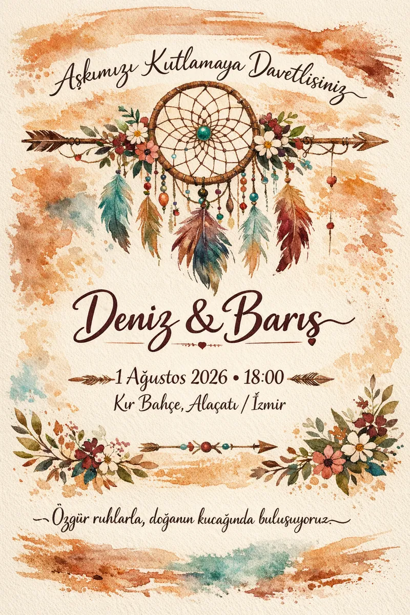 Bohem tarzında tüylü düğün davetiyesi