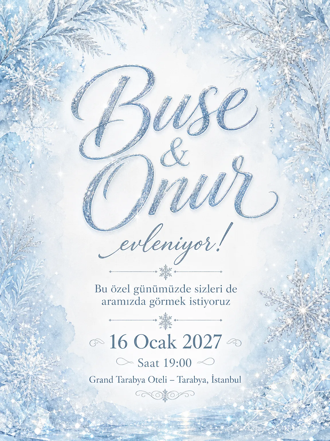 Buzul mavisi kar tanesi ve buz kristali detaylı zarif kış düğünü davetiyesi