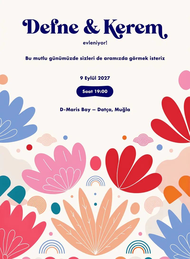 Çiçek ve soyut şekillerin karışımı trend düğün davetiyesi