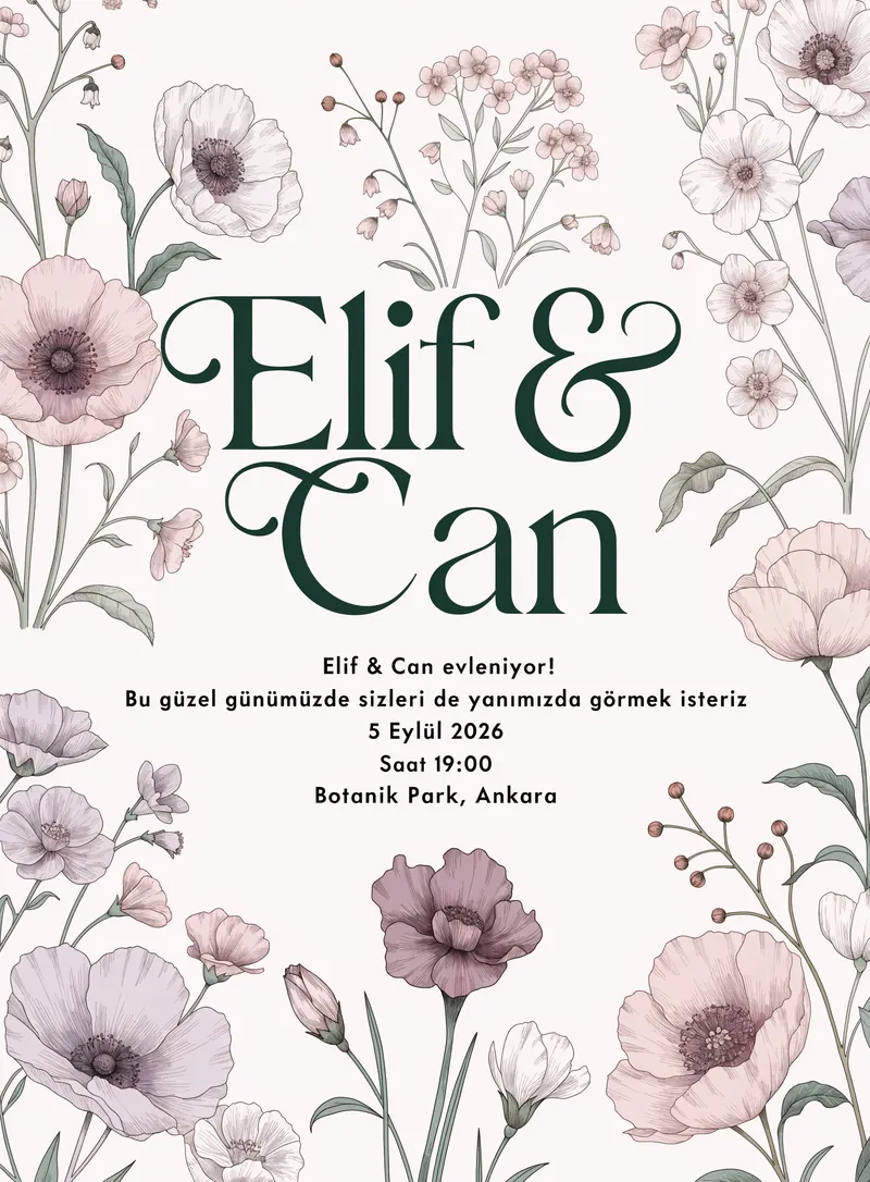 Pastel pembe ve lavanta tonlarında çiçekli bahçe düğün davetiyesi