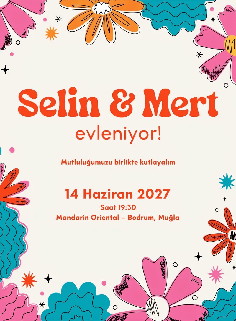 Doodle çiçekli renkli eğlenceli düğün davetiyesi