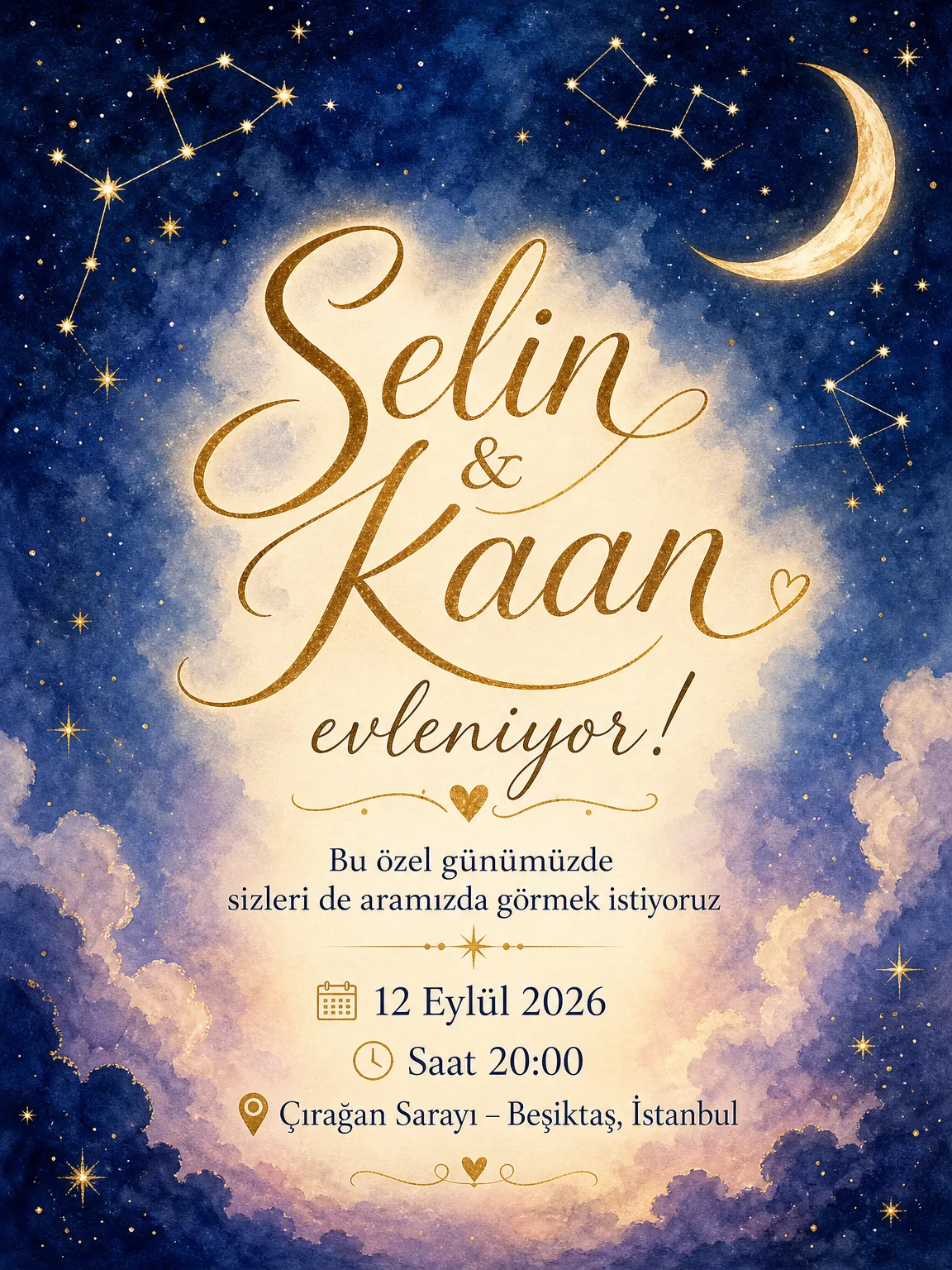 Gece mavisi gökyüzü ve altın yıldız çizgili büyülü düğün davetiyesi
