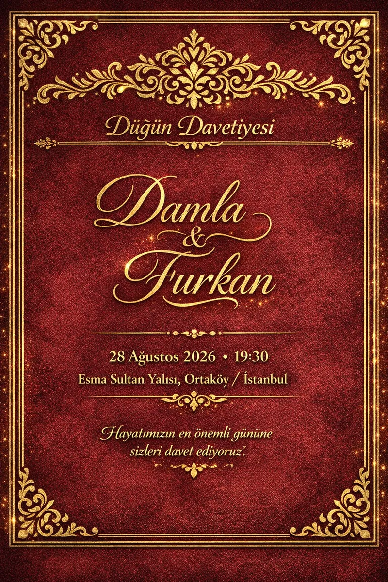 Bordo ve altın düğün davetiyesi