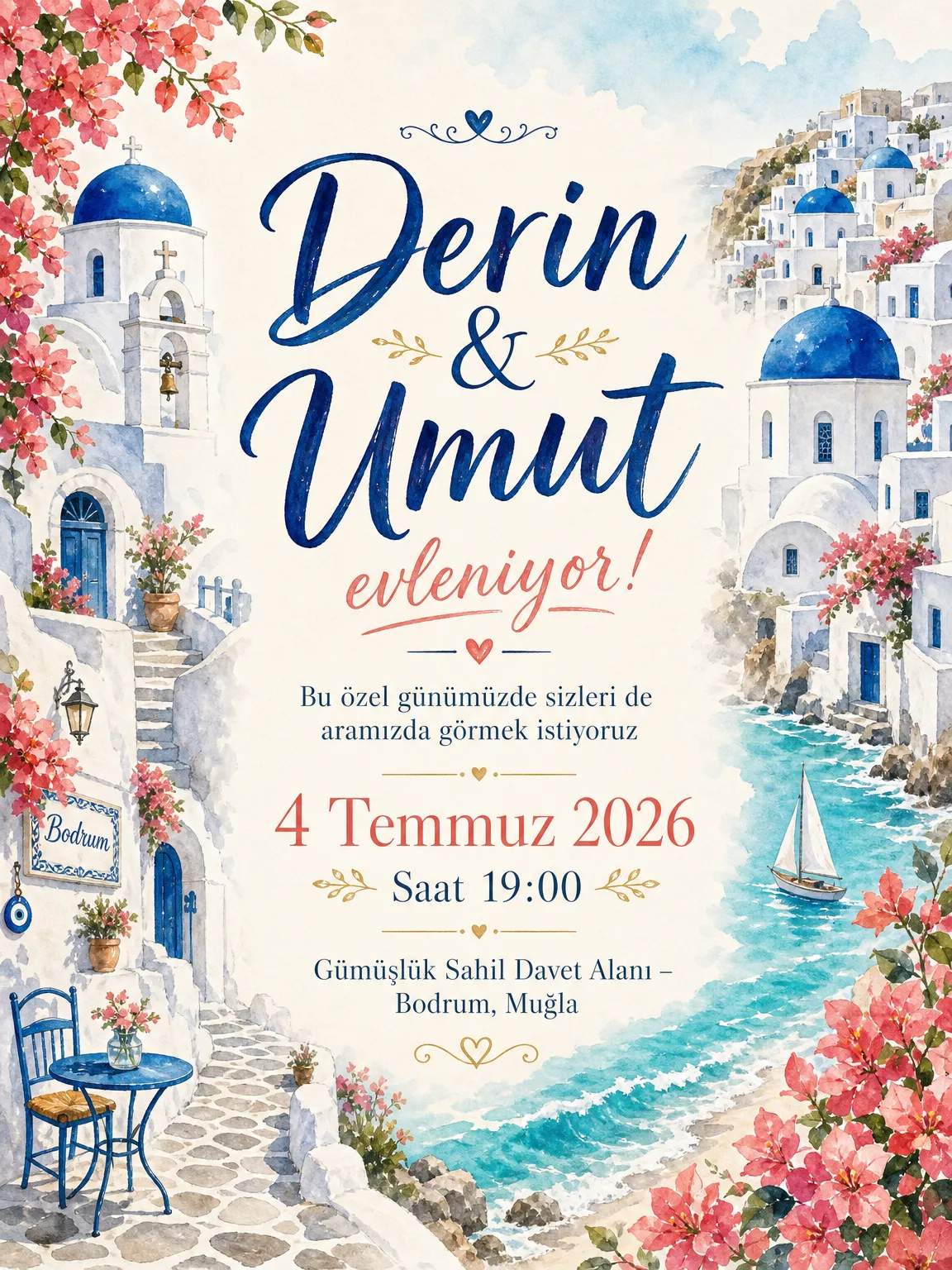 Beyaz Ege mimarisi ve mavi kubbeli uçurum manzaralı romantik düğün davetiyesi