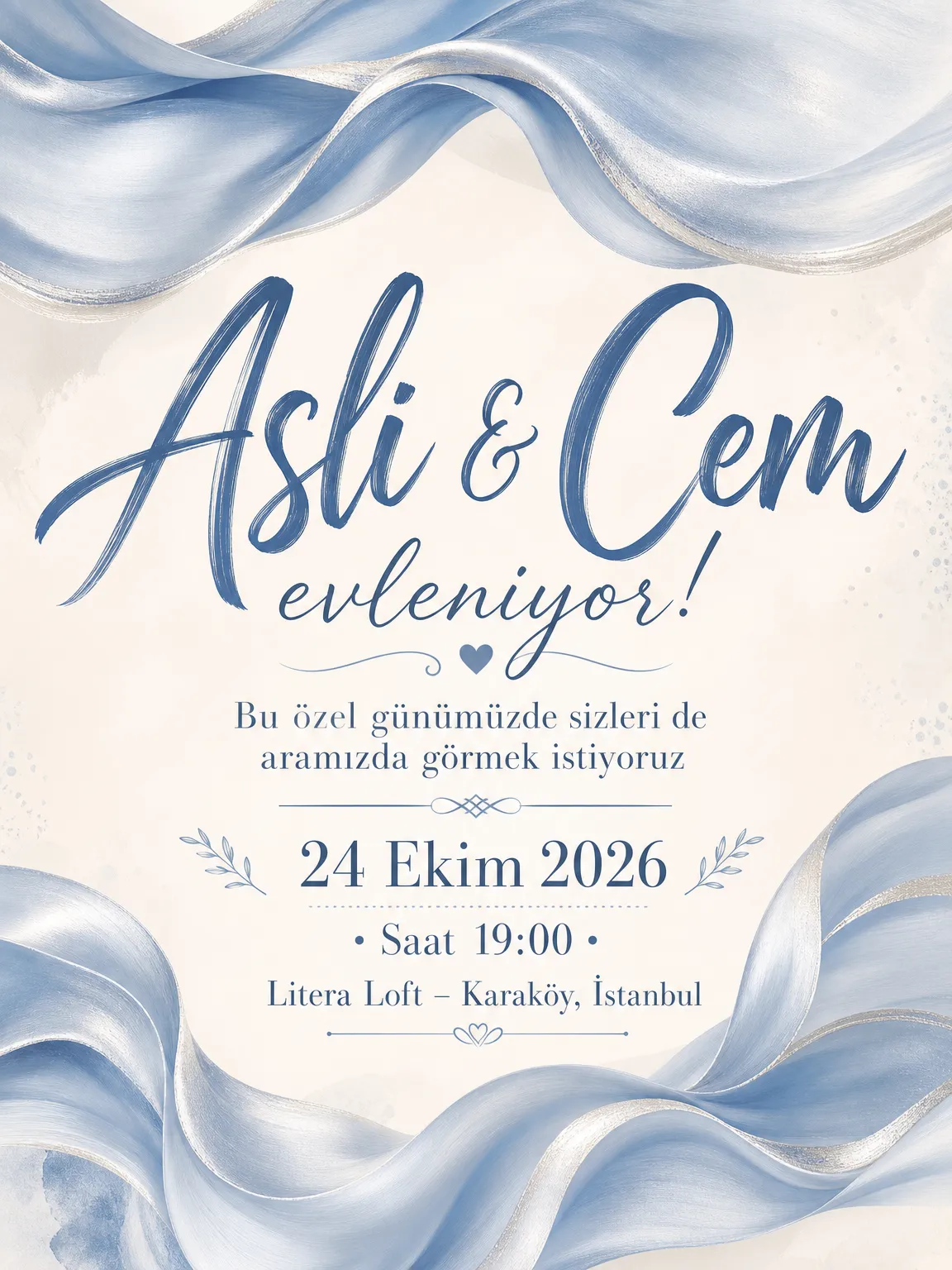 Mavi ipek kumaş dalgası desenli modern zarif düğün davetiyesi