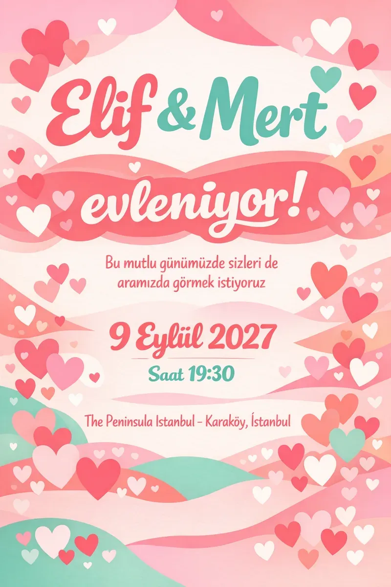 Kalp desenleriyle süslenmiş eğlenceli romantik düğün davetiyesi