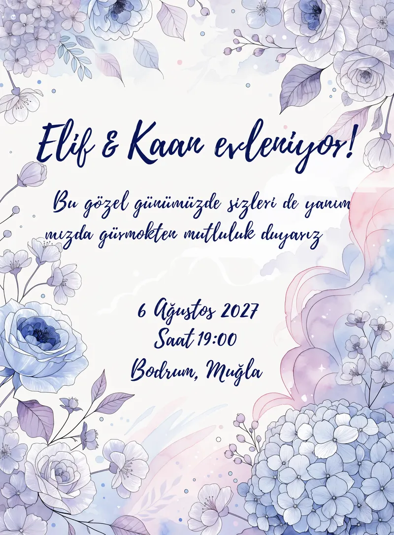 Lila ve bebe mavi tonlarında rüya gibi çiçekli düğün davetiyesi