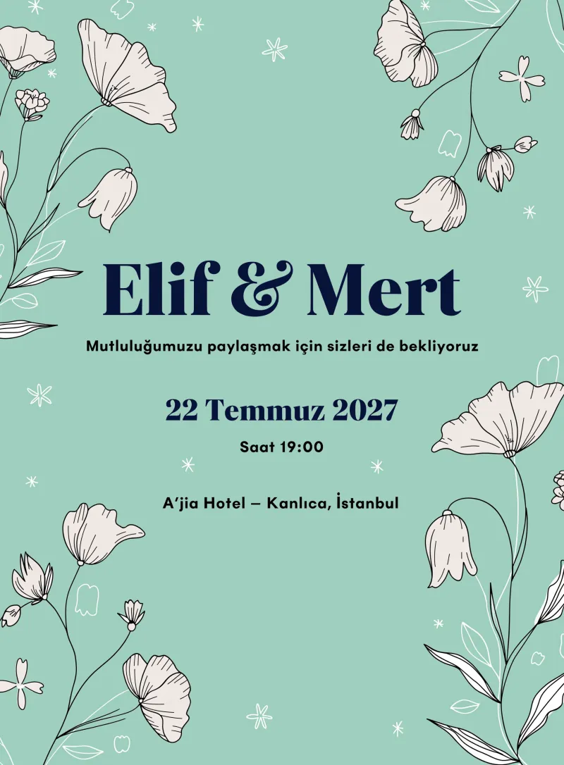 Nane yeşili arka planlı minik beyaz çiçekli minimal düğün davetiyesi