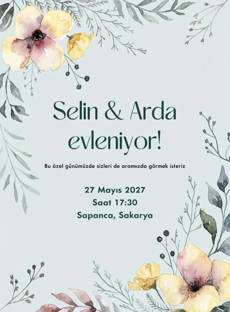 Nane yeşili ve pastel sarı tonlarında botanik düğün davetiyesi