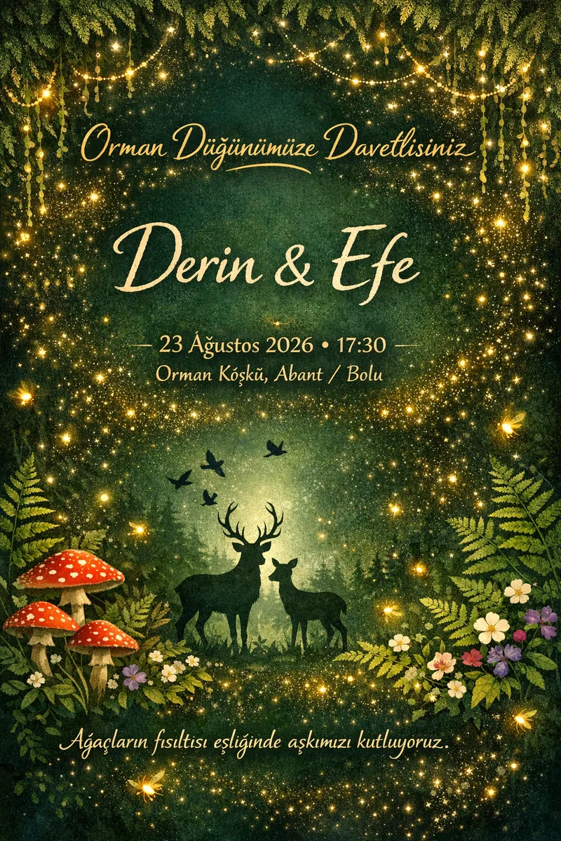 Orman temalı masalsı düğün davetiyesi