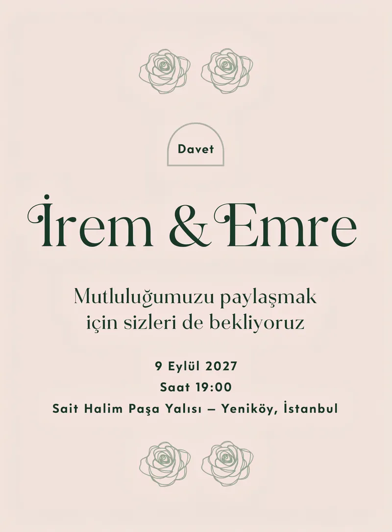 Yumuşak pembe arka planlı minik gül ikonlu minimal düğün davetiyesi