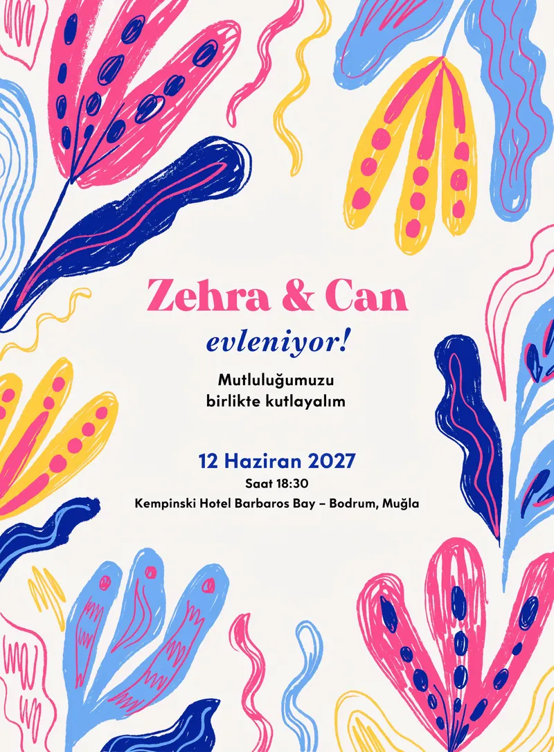 Soyut çiçek desenleri ve canlı renklerle hazırlanmış modern düğün davetiyesi