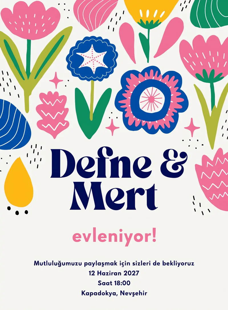 Folk tarzı çiçek illüstrasyonları ve renkli detaylarla hazırlanmış modern düğün davetiyesi