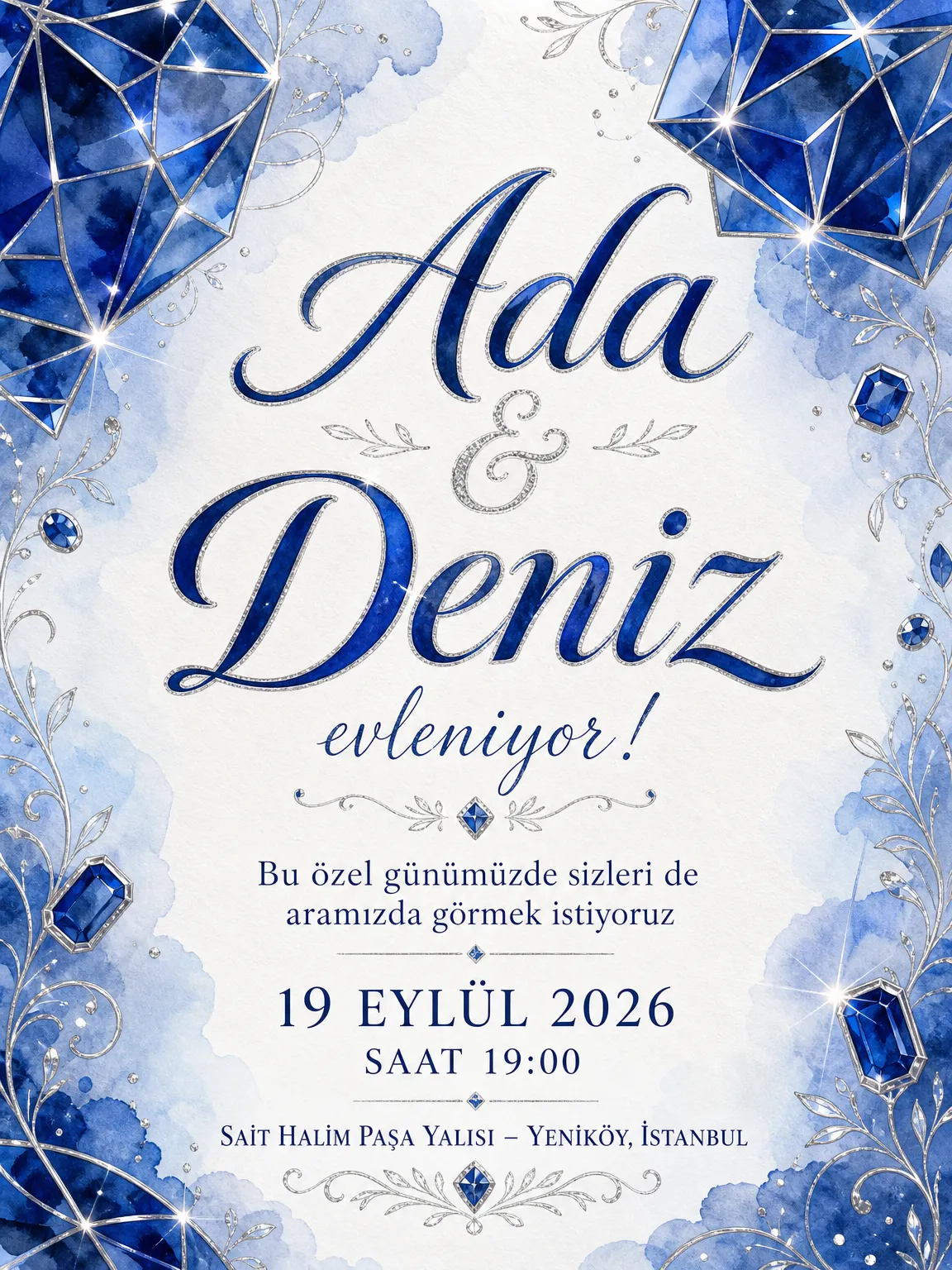 Safir mavisi mücevher desenli zarif düğün davetiyesi