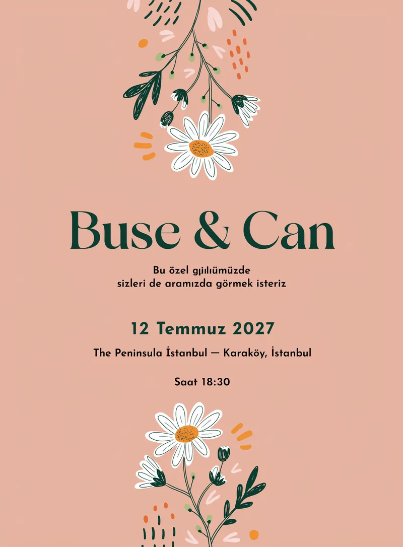 Pastel zemin üzerinde beyaz papatya detaylarıyla hazırlanmış minimal düğün davetiyesi