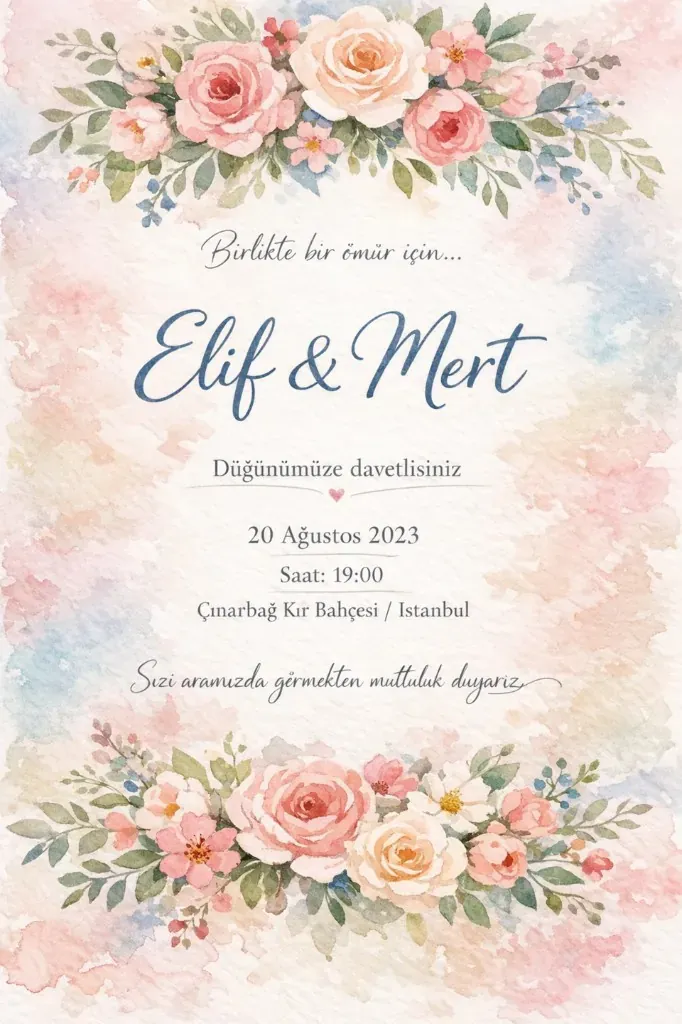Suluboya pembe güller ve çiçek buketli romantik düğün davetiyesi