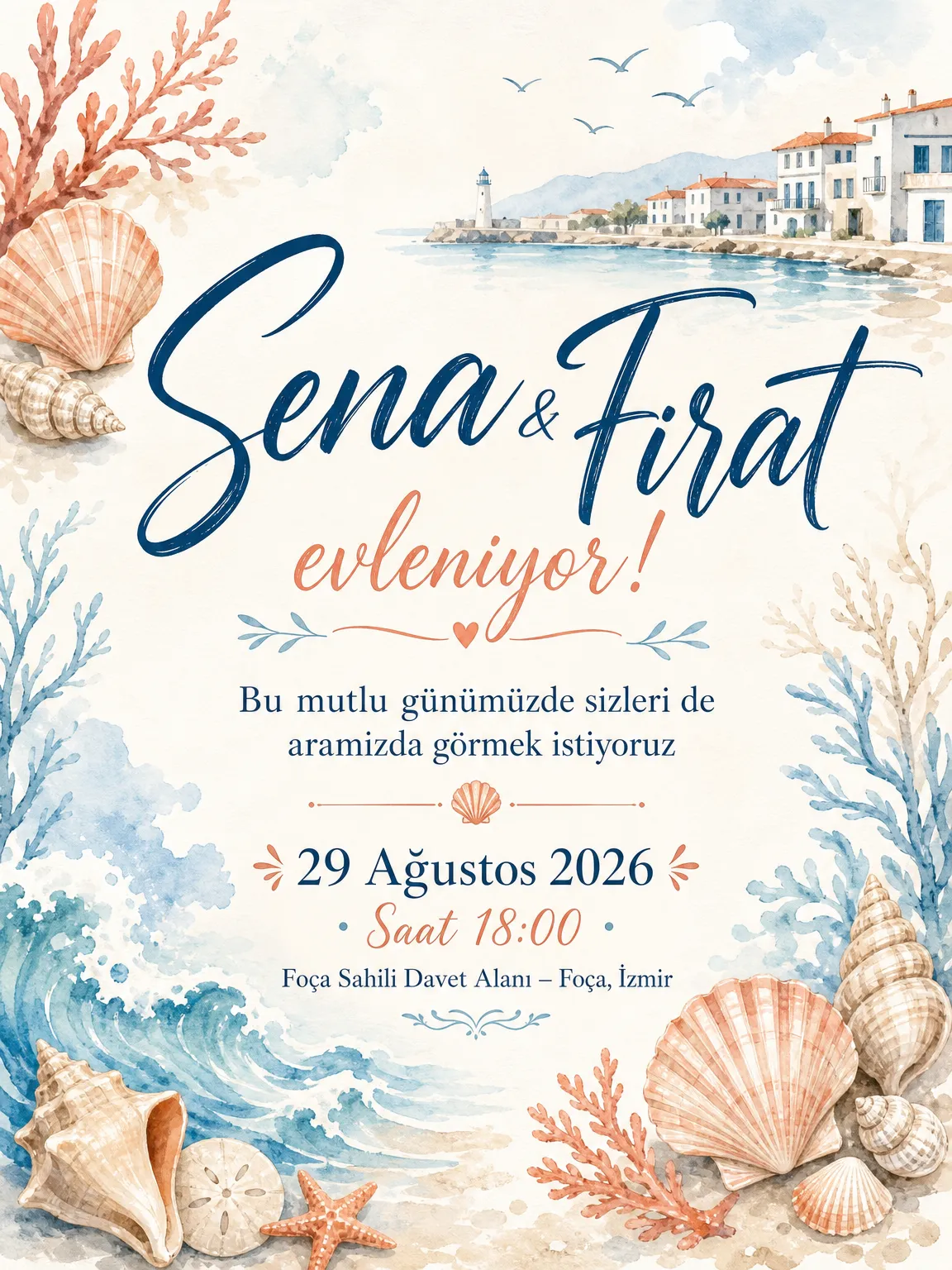 Deniz kabuğu ve dalga motifli ferah yaz temalı düğün davetiyesi